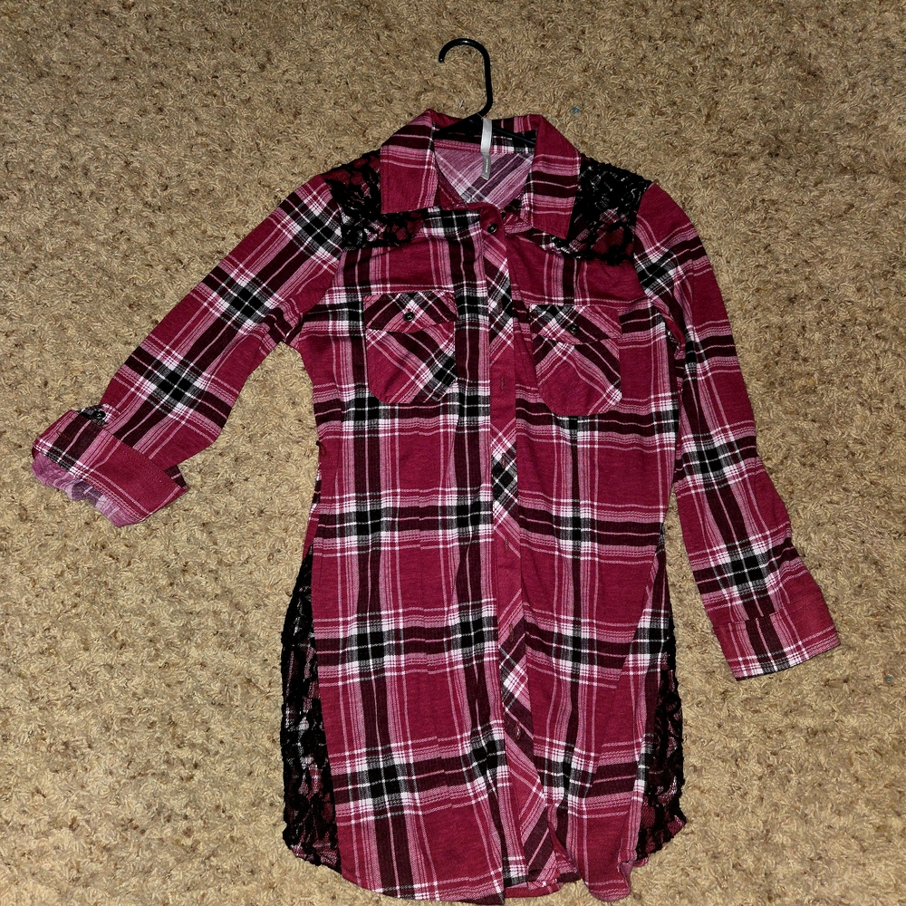 Plaid Long Sleeve Shirt with Lace Accents